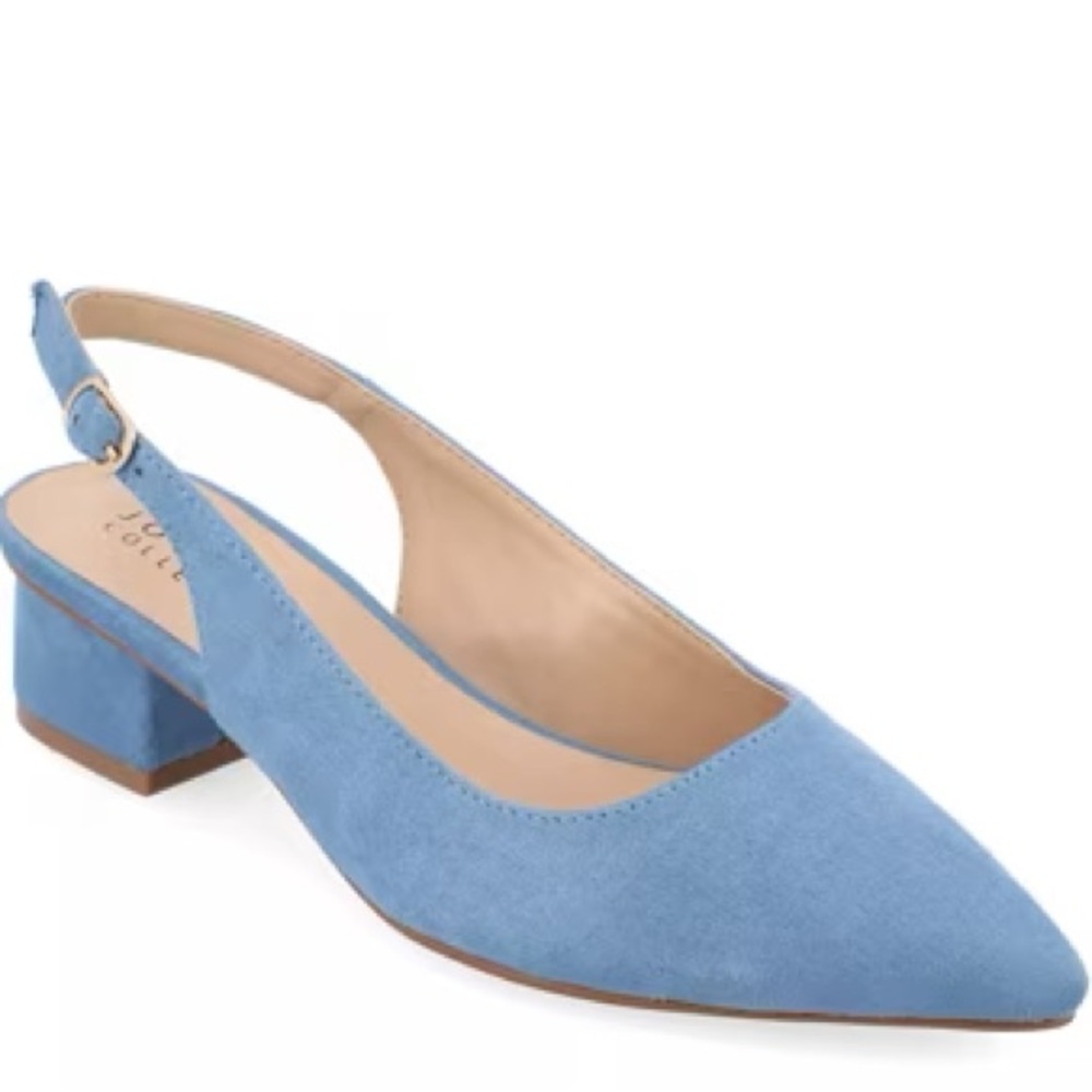 Blue Suede Slingback Block Heel Pumps Wide Width